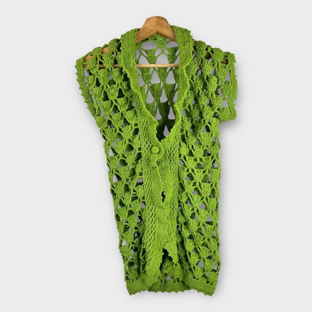 Vintage Bohemian Handmade Open Knit Crochet Vest Cardigan Green Womens Small